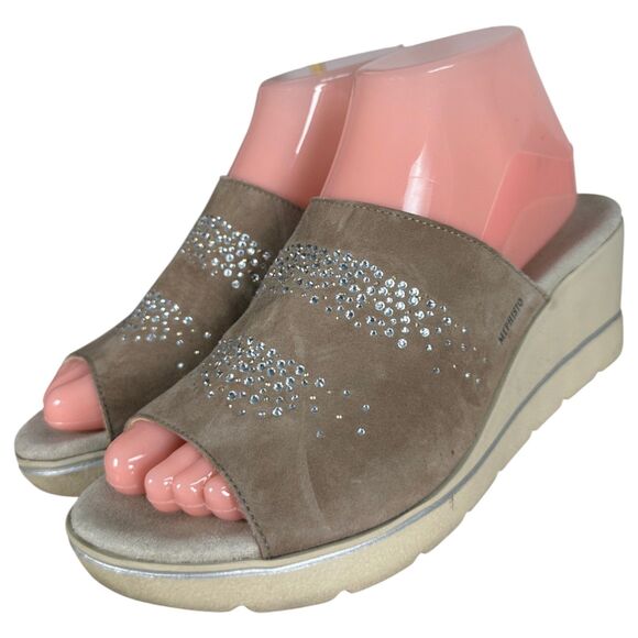 Mephisto Enzia Sparkle Wedge Suede Sandals Slides Tan Beige Size EU 37 US 7 - Picture 1 of 10
